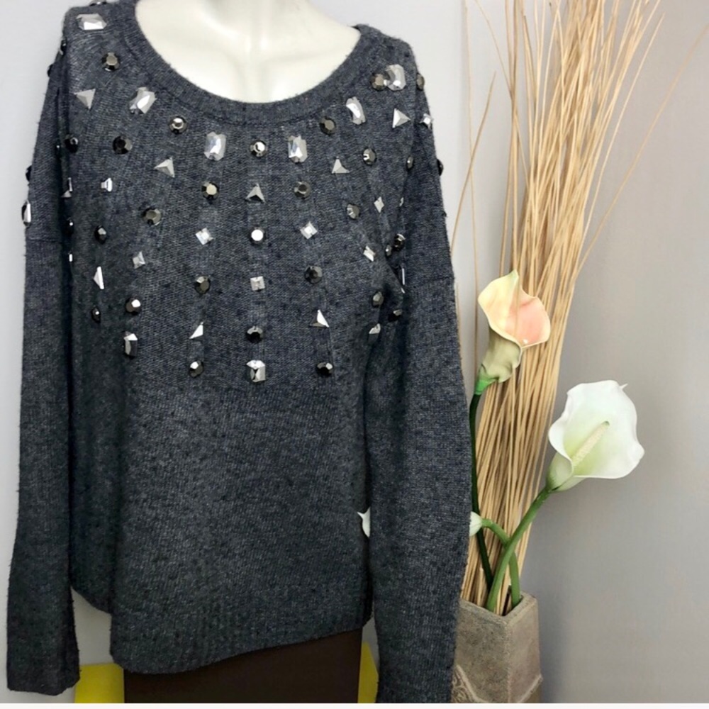 BCBG Maxaria Gray Embellished Wool Sweater Size M